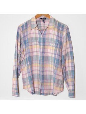 Chaps Denim Linen Blend Button Up Shirt Blue Pastel Size L